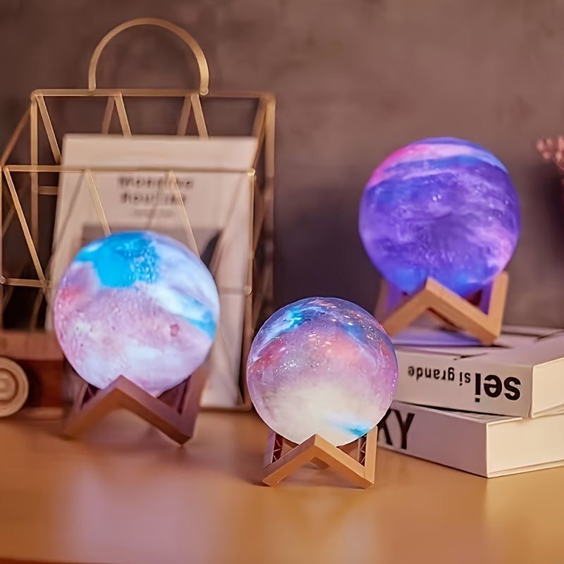 16-Color 3D LED Moon Lamp – Galaxy Design • USB Powered • Remote Control • Wooden Stand