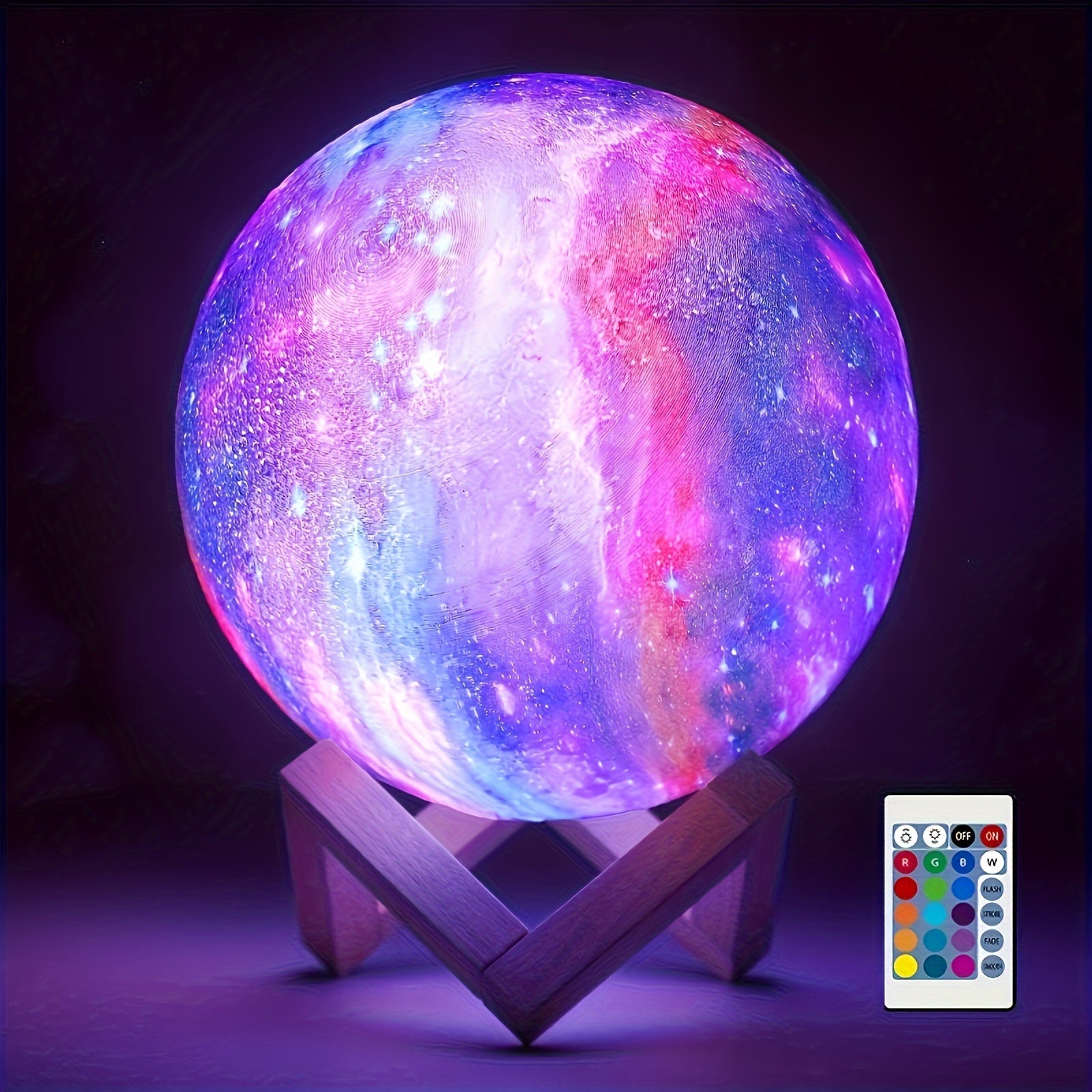 16-Color 3D LED Moon Lamp – Galaxy Design • USB Powered • Remote Control • Wooden Stand