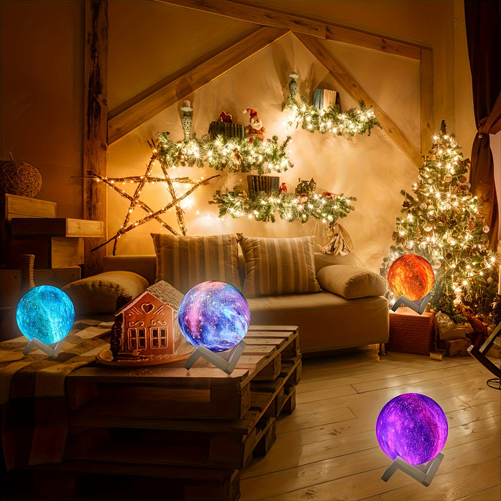 16-Color 3D LED Moon Lamp – Galaxy Design • USB Powered • Remote Control • Wooden Stand