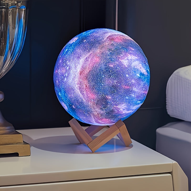 16-Color 3D LED Moon Lamp – Galaxy Design • USB Powered • Remote Control • Wooden Stand